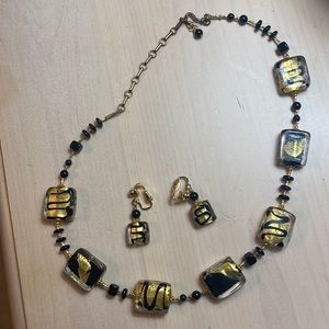 Necklace w/vintage glass beads beautiful black &gold combination